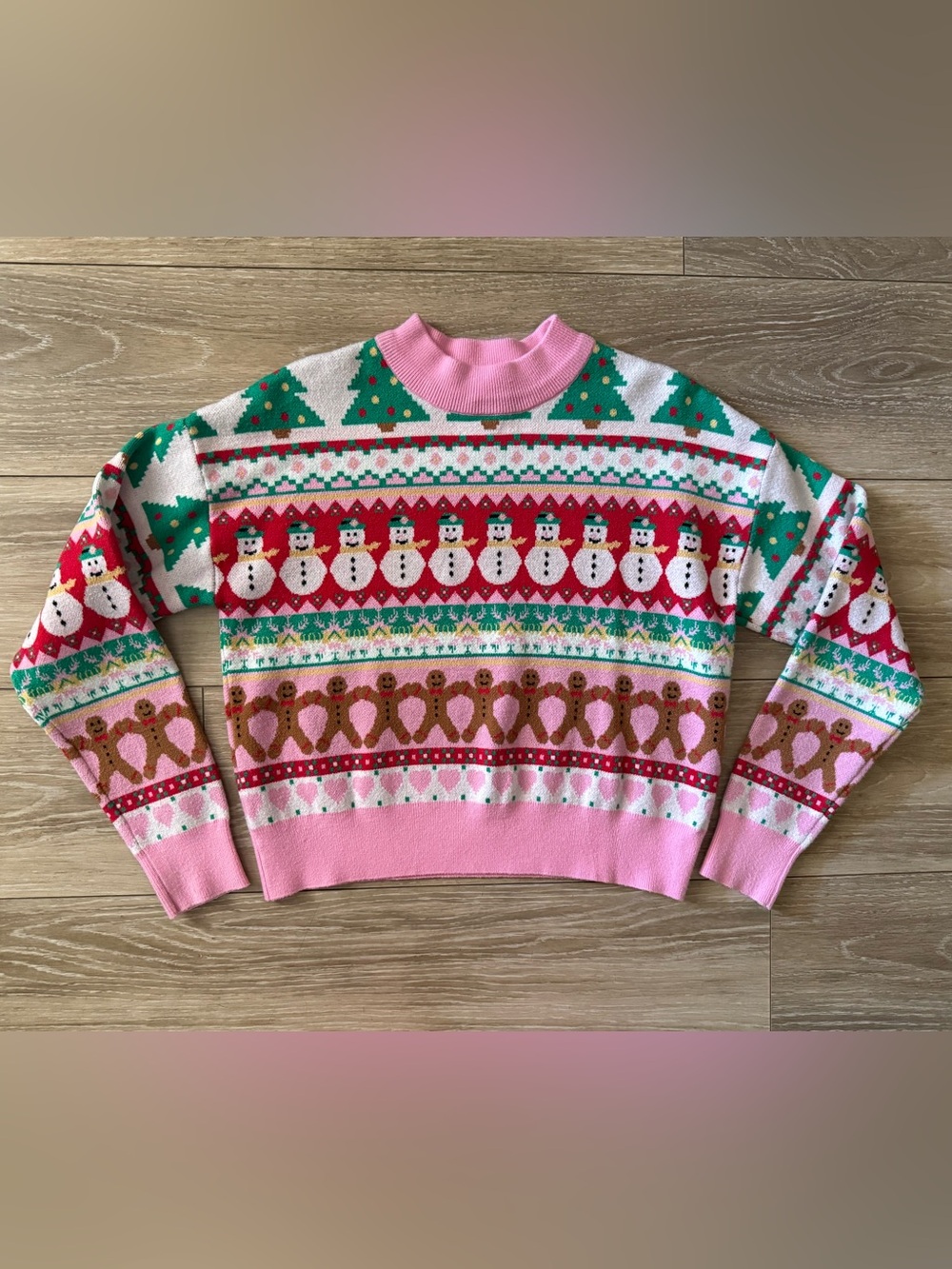 Forever 21 Pink Holiday Fair Isle Crewneck Sweater with Festive Motifs